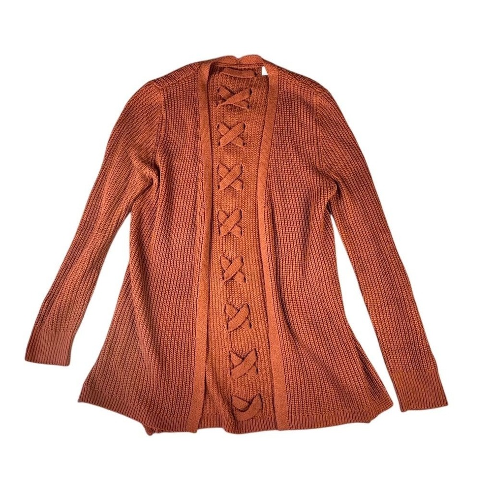 Pinque Women's Orange Cardigan M Open‎ Front Criss-Cross Back Sweater